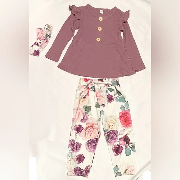 Sz 3T (100) 3 pcs girls pink floral long sleeve pants with head band NW - Picture 1 of 3